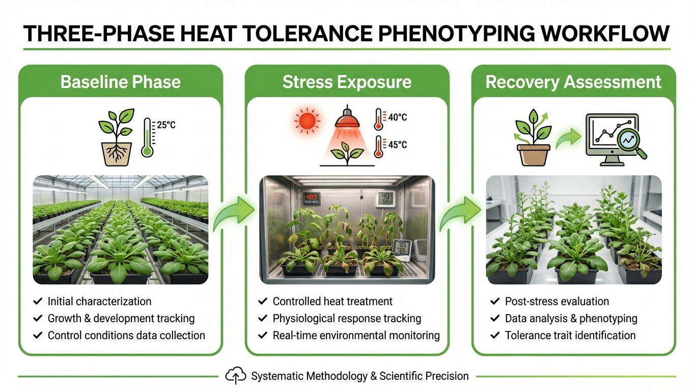 Detailed diagram showing temperature regime design parameters for plant heat stress experiments including ramp rates, peak temperatures, and day-night cycles