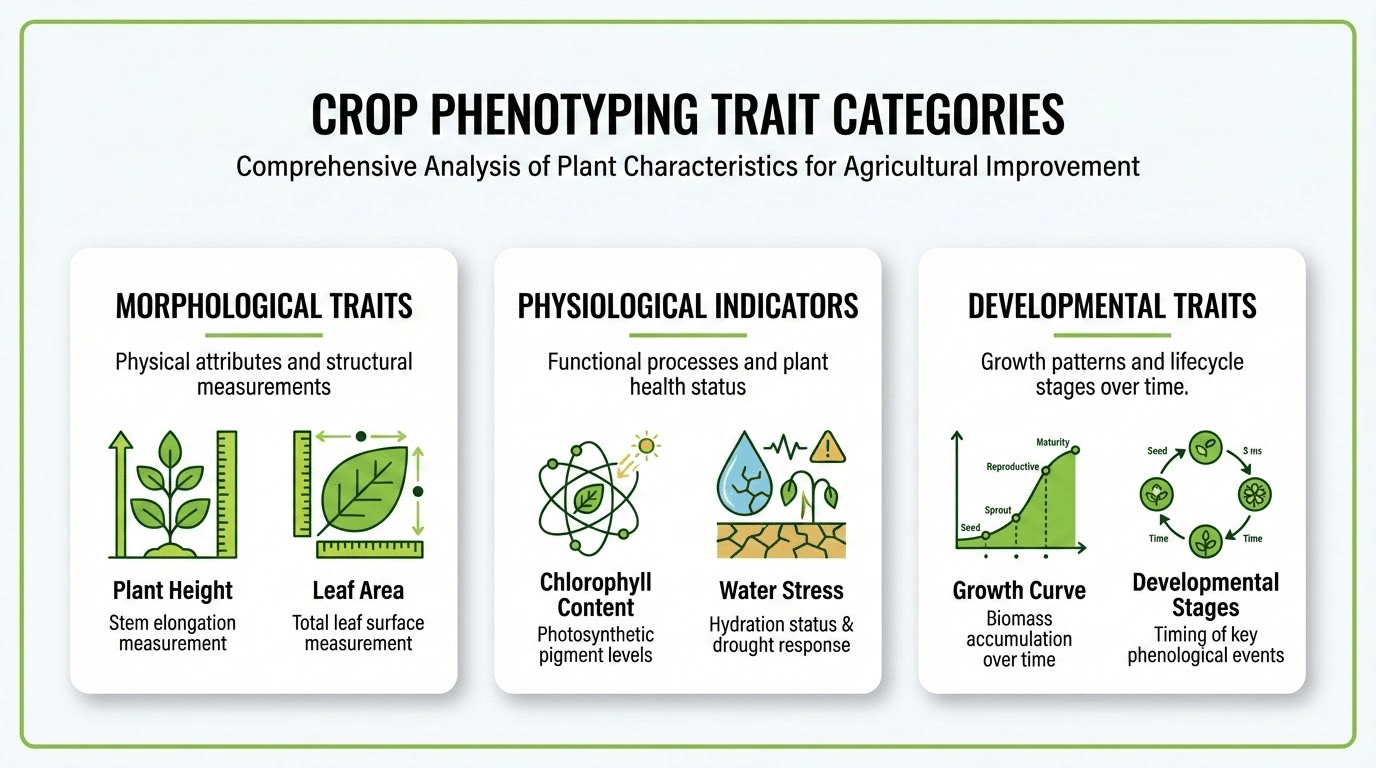 Comprehensive data outputs from crop specific phenotyping solutions showing trait tables, time-series visualizations, and quality control reports