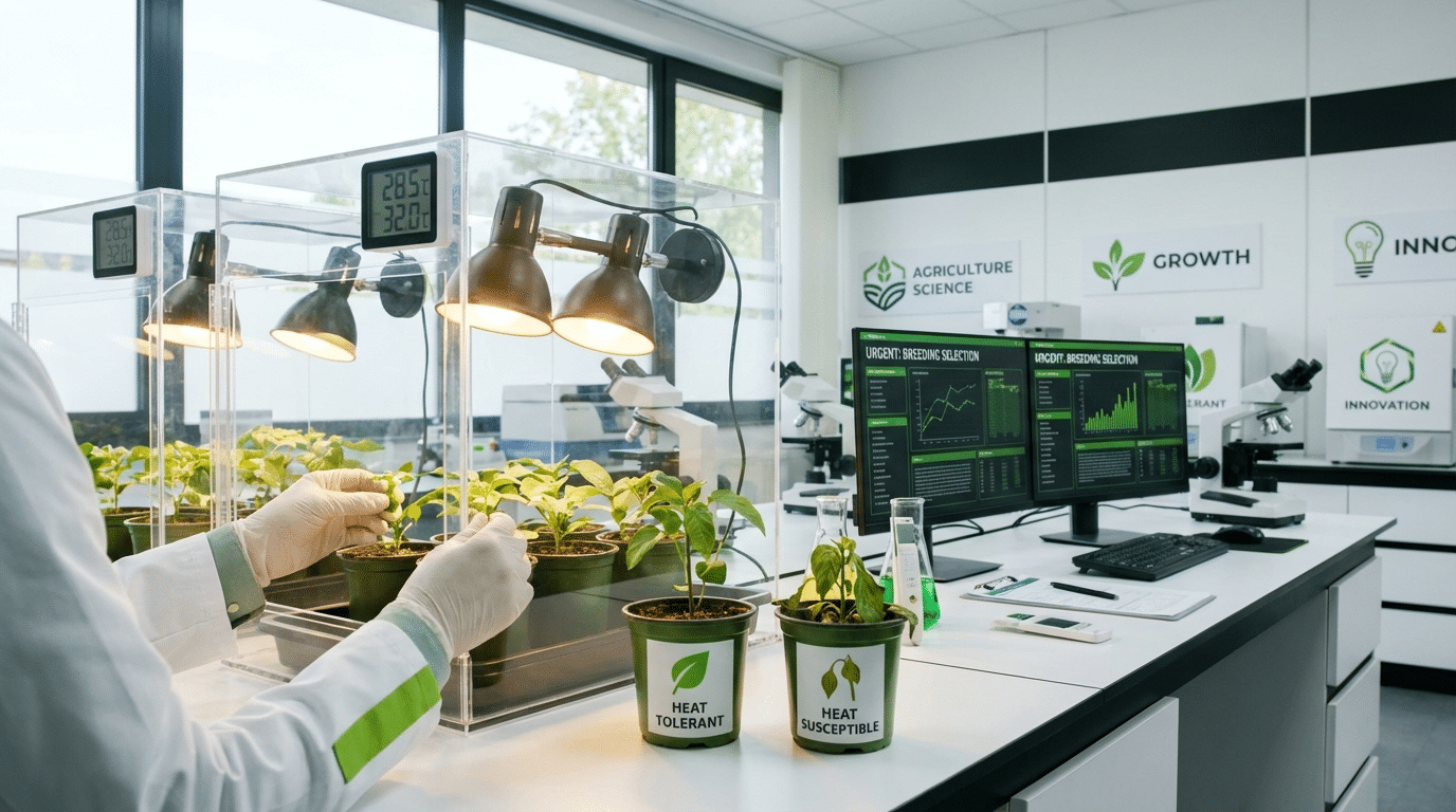Visual diagram showing key traits for quantifying heat tolerance in plants including growth rate, recovery rate, canopy temperature, and stomatal conductance measurements